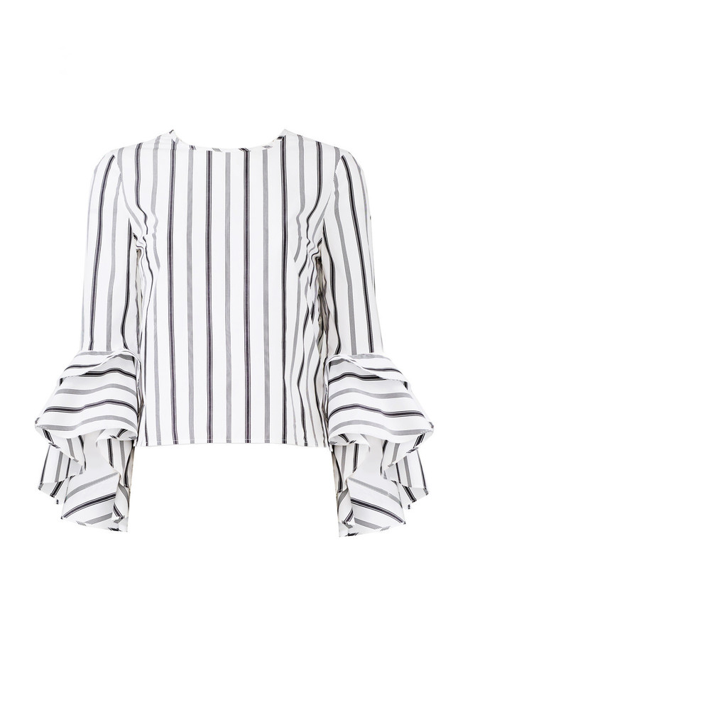 Milly Womens Top White Size 4 Ruffle Pinstriped High-Neck Bell-Sleeve